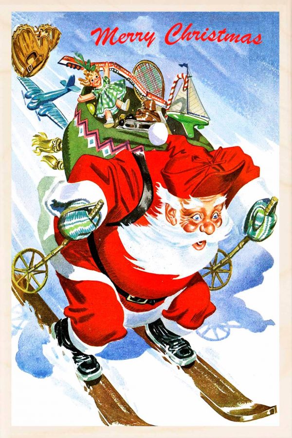 'Skiing Santa' Wooden Postcard