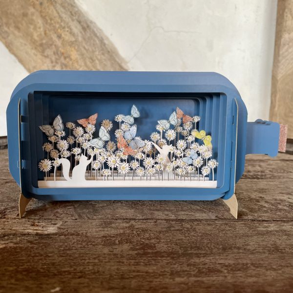 'Cat amongst the flowers' message in a bottle card