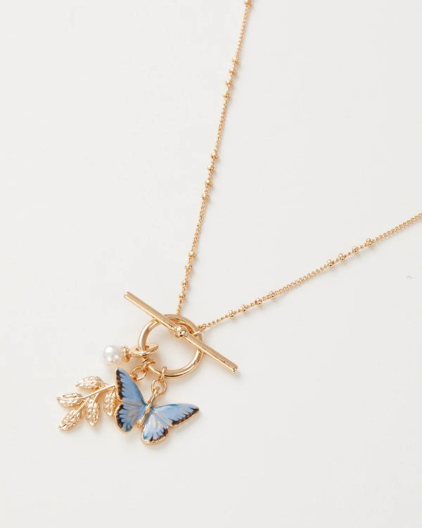 Fable Enamel Blue Butterfly & Leaf Charm Necklace
