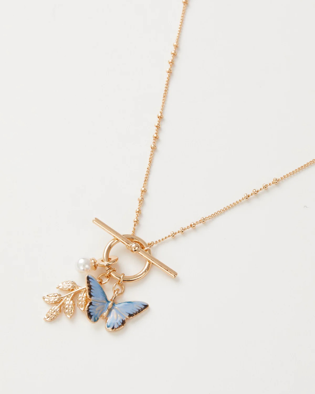 Fable Enamel Blue Butterfly & Leaf Charm Necklace