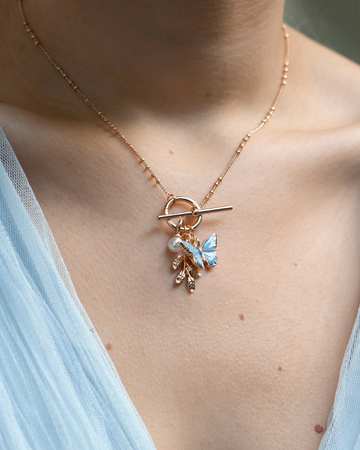 Fable Enamel Blue Butterfly & Leaf Charm Necklace - Image 3