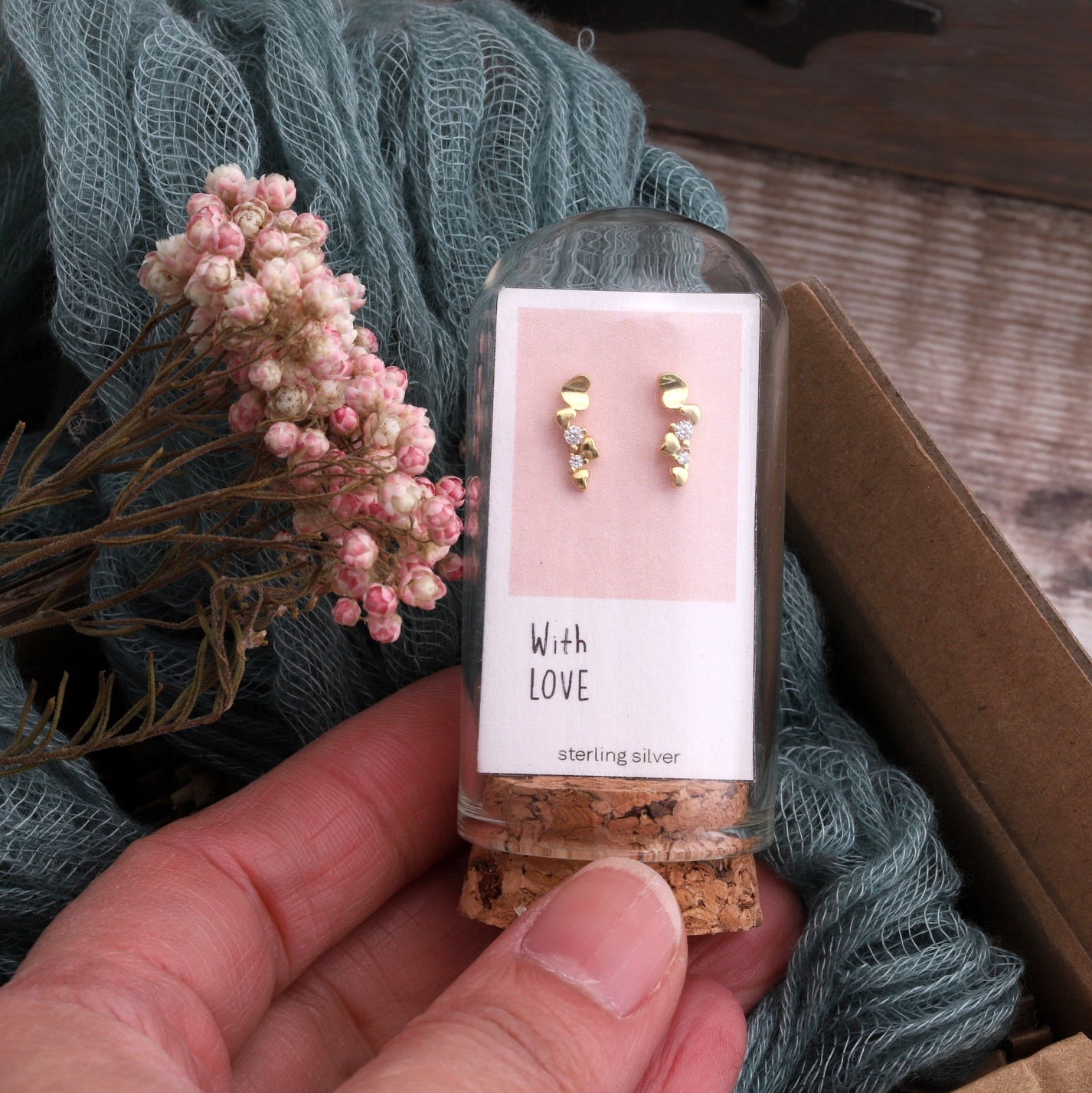 'With Love' gold plated heart trail earrings