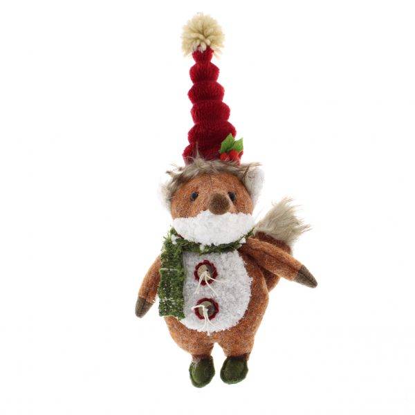 30cm hanging fox in red hat and green scarf